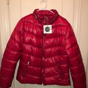Red puffer jacket